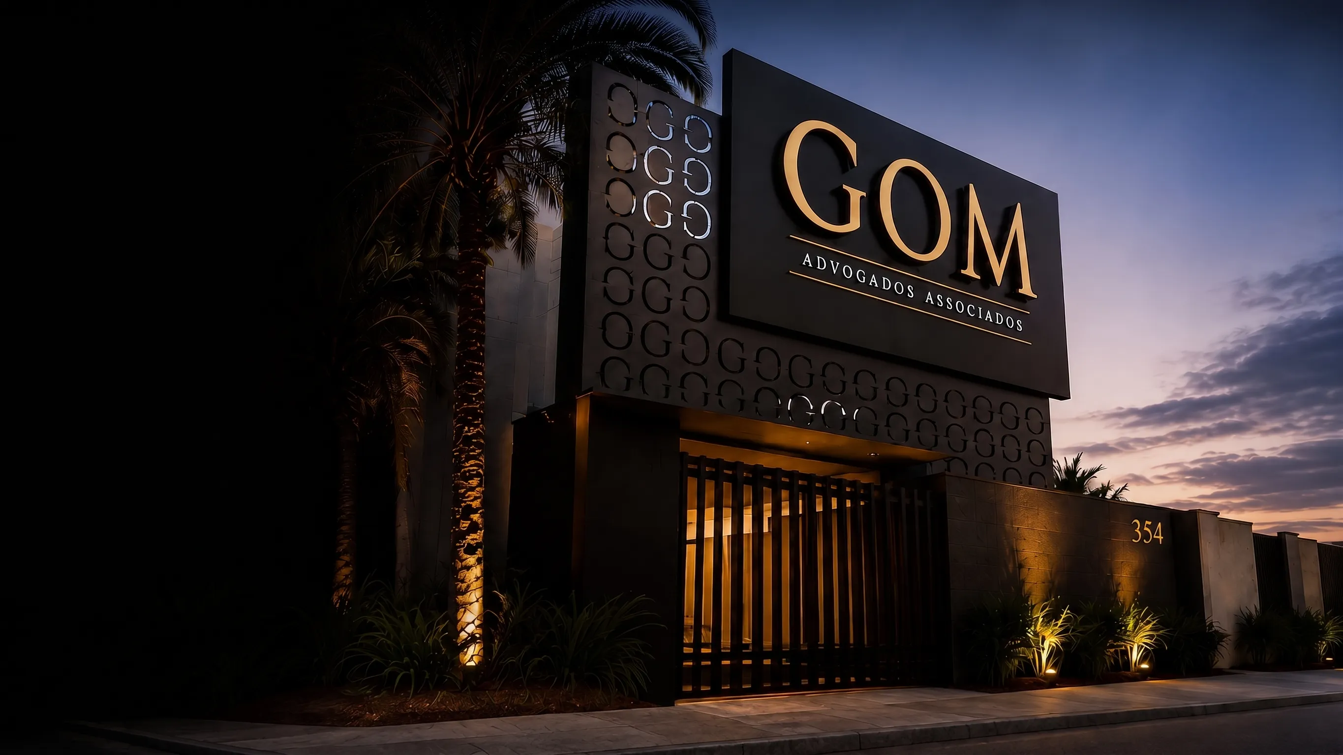 Fachada e escritório de advocacia GOM Advogados Associados